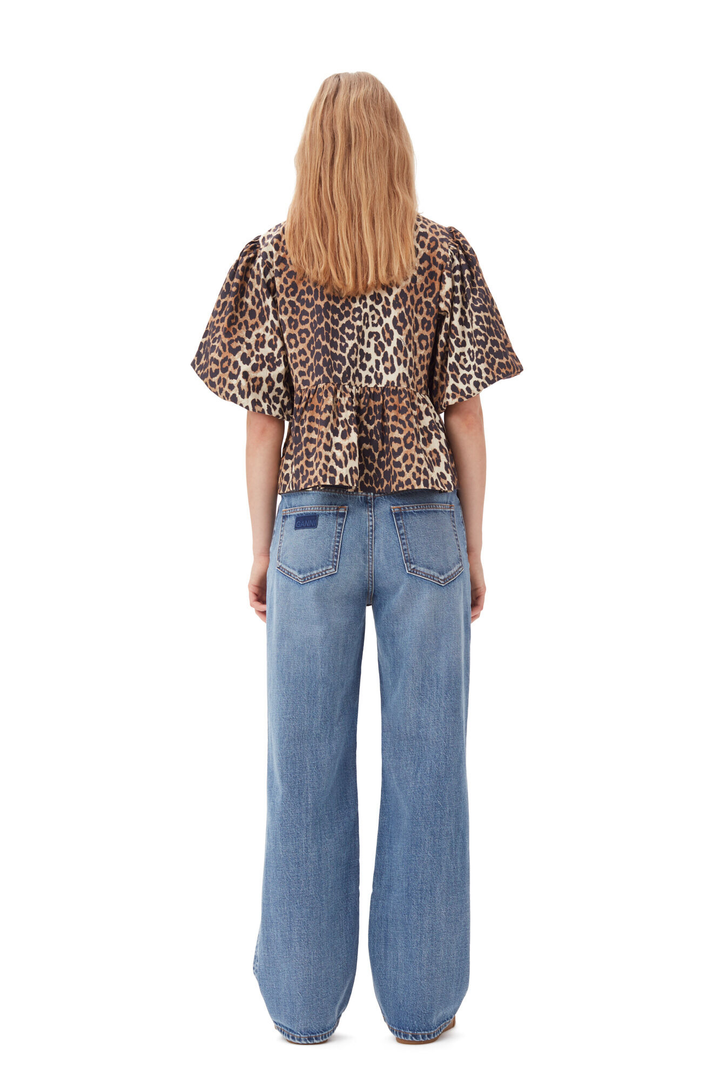 Women's blouse with puff sleeves – leopard print – V-neck – loose fit