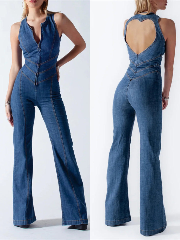 Stylish women's denim jumpsuit with back cutout