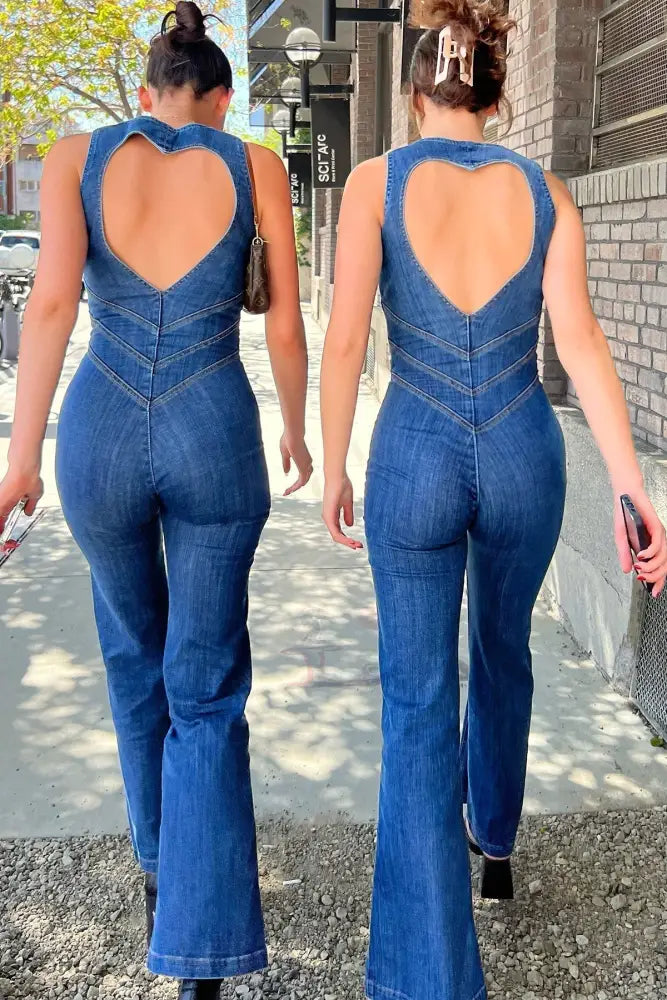 Stylish women's denim jumpsuit with back cutout