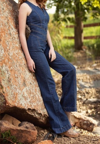 Stylish women's denim jumpsuit with back cutout