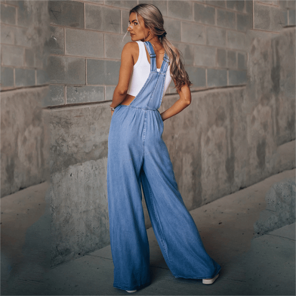 Women's denim overalls with wide legs and adjustable straps