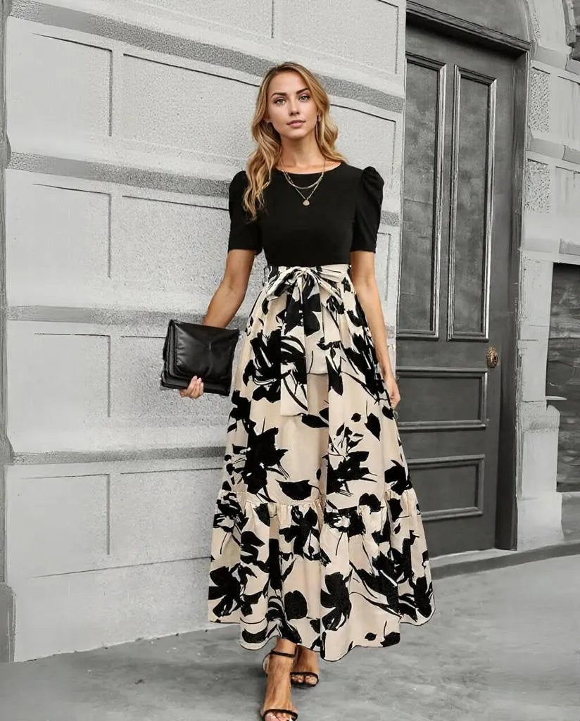 Elegant maxi dress for women – A-line summer dress with waist bow