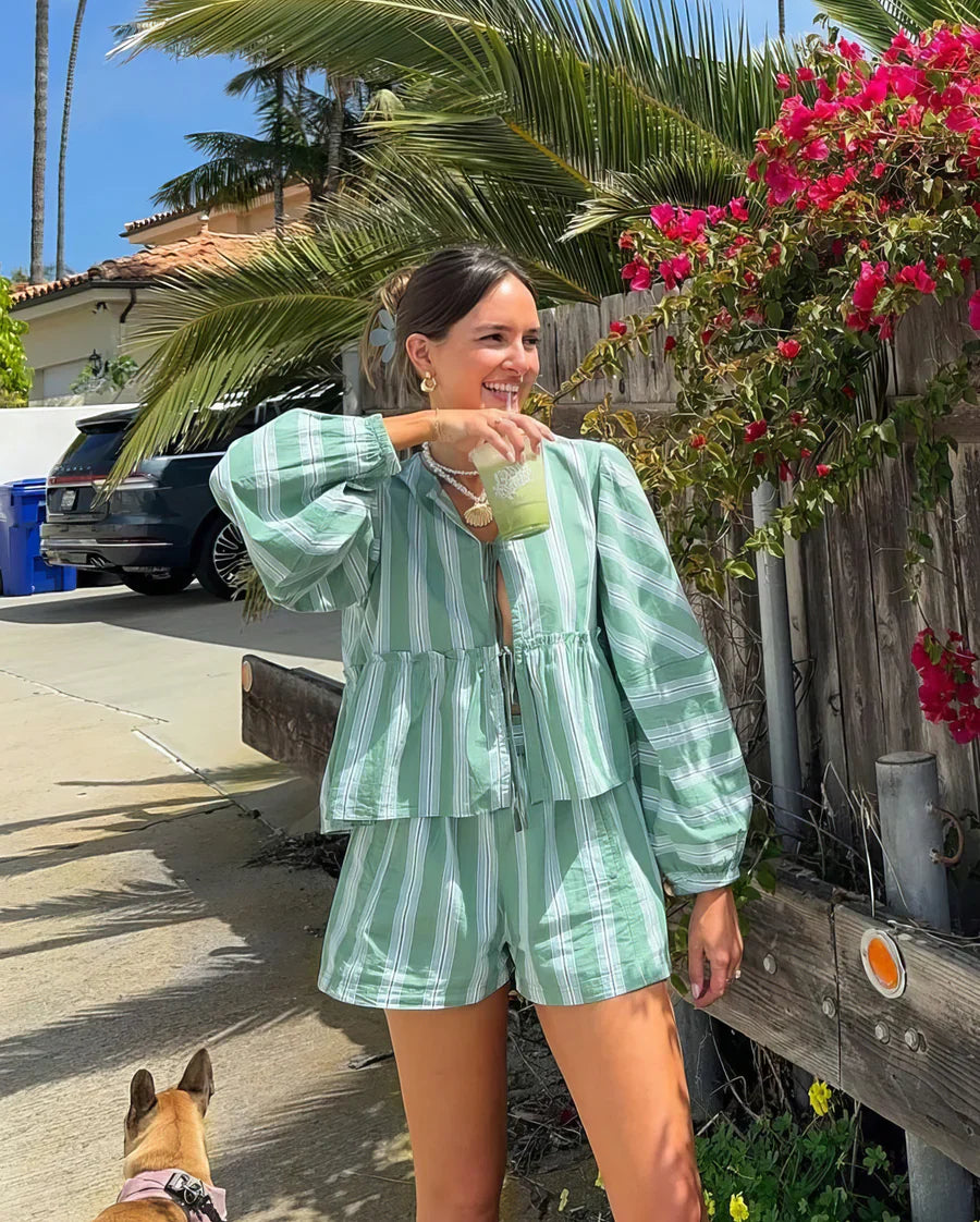 Women's Summer Two-Piece – Striped Blouse & Shorts – Casual Cut