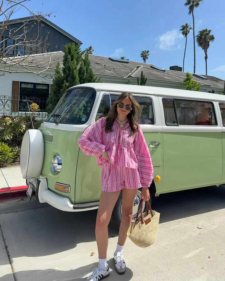 Women's Summer Two-Piece – Striped Blouse & Shorts – Casual Cut