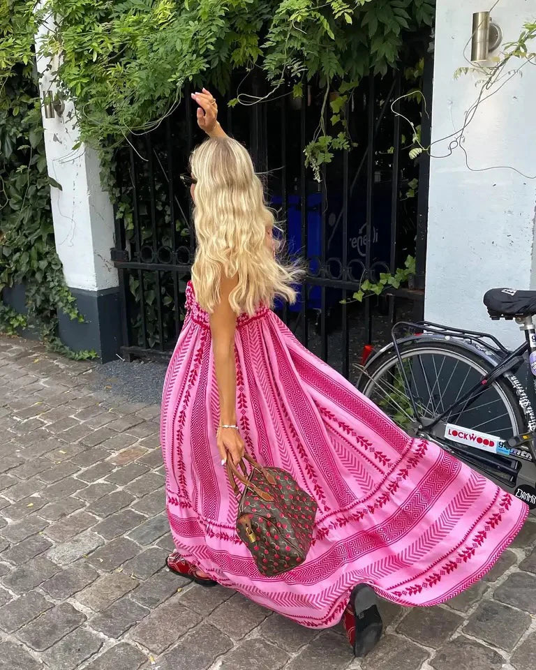 Maxi summer dress made of viscose – A-line, floral pattern, boho style