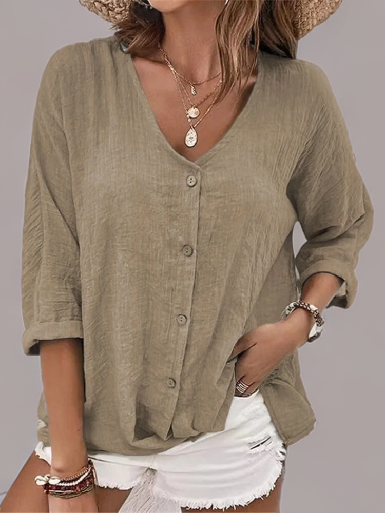 Women's linen blouse with button placket and loose fit