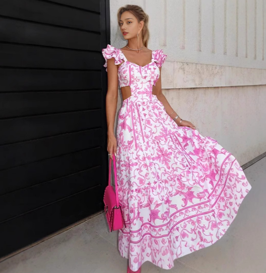 Summer maxi dress with floral pattern – Deep V-neck & ruffle sleeves