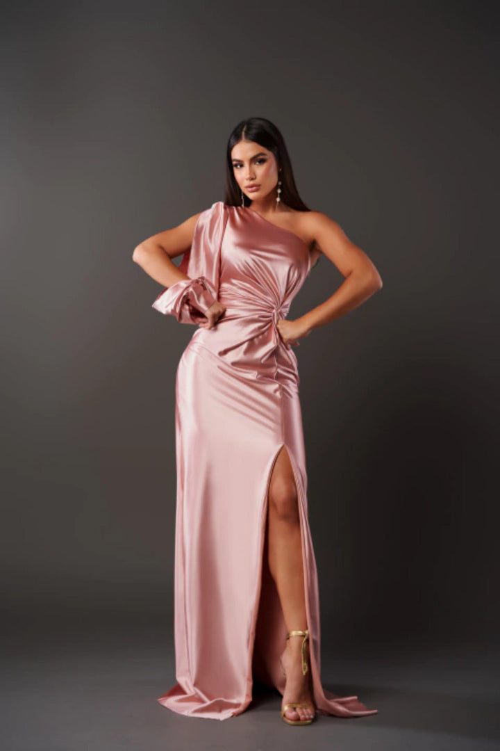 Robe de soirée en satin pour femme à épaule unique avec fente – Robe élégante pour fête et occasion