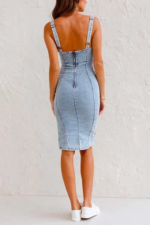 Women's Denim Midi Dress – Cut-Out Design – Chic Style