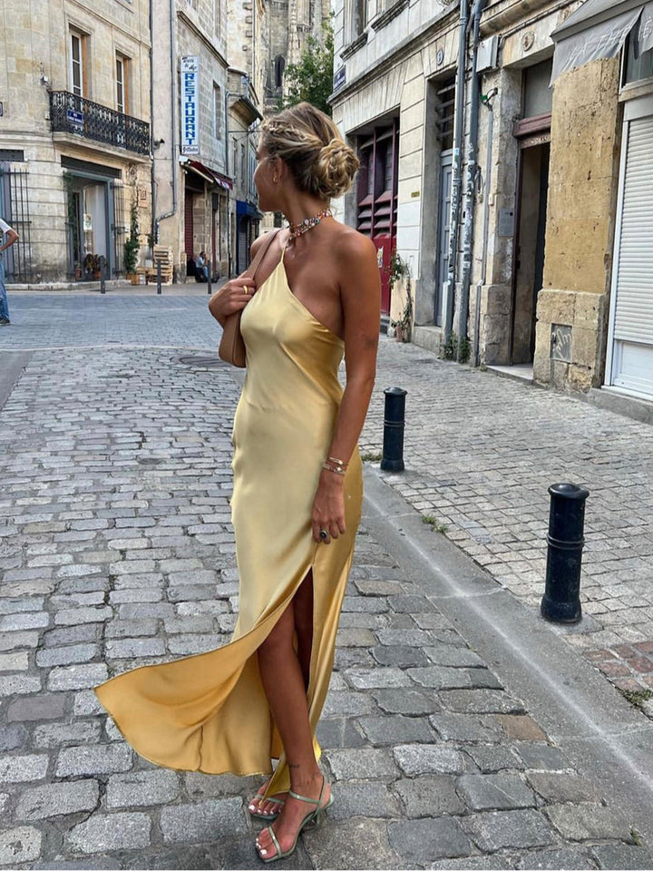 Long satin dress with slit & open back – Elegant evening dress