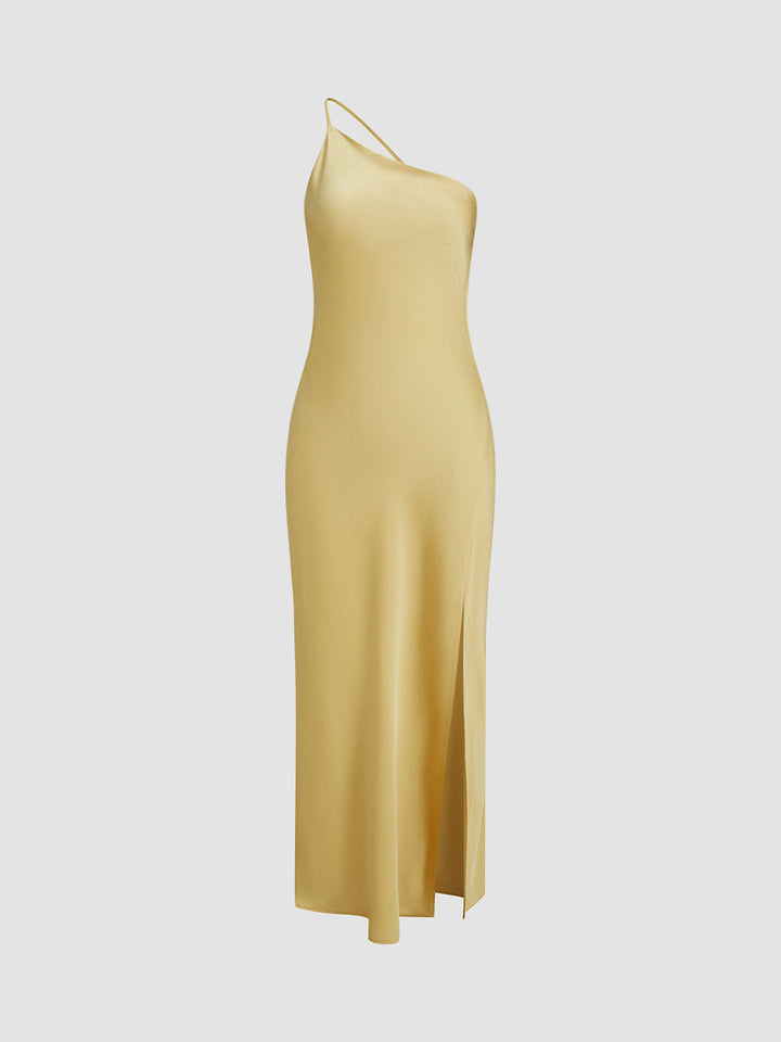 Long satin dress with slit & open back – Elegant evening dress