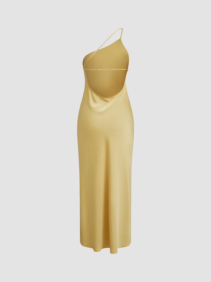 Long satin dress with slit & open back – Elegant evening dress