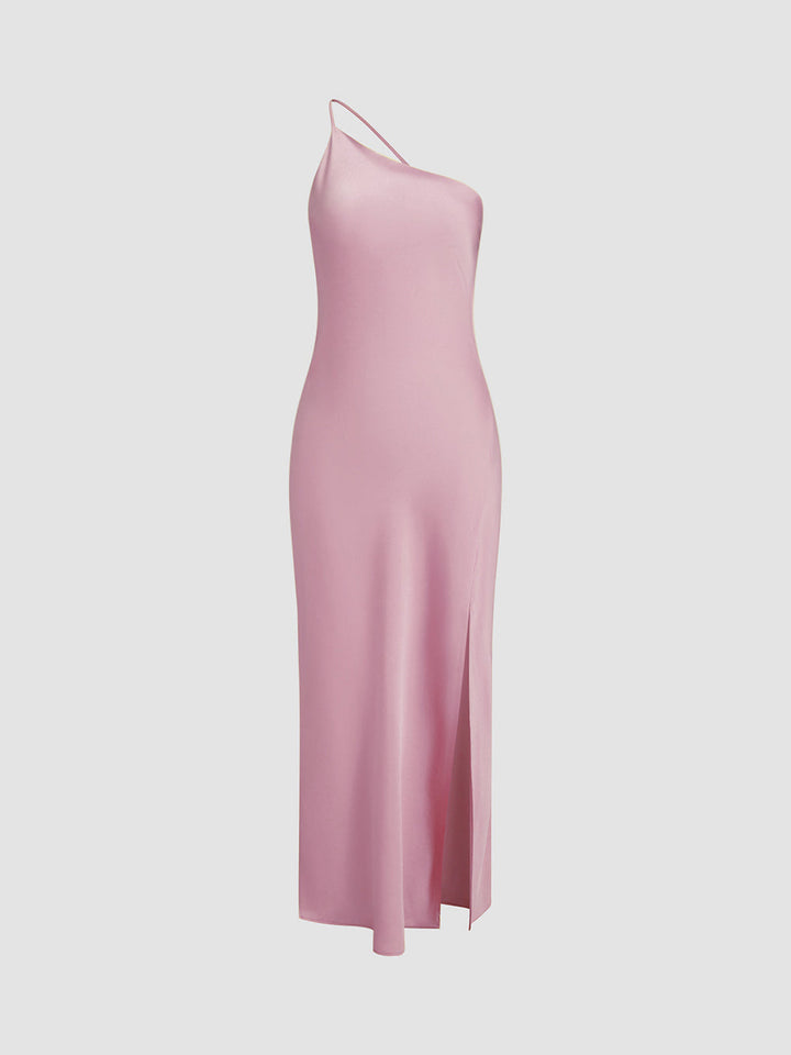 Long satin dress with slit & open back – Elegant evening dress