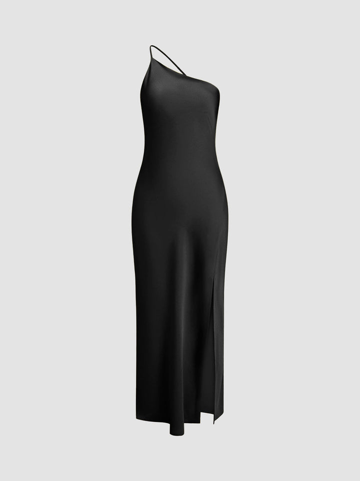 Long satin dress with slit & open back – Elegant evening dress