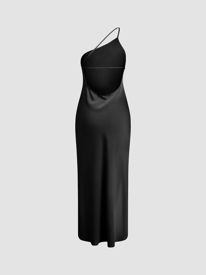 Long satin dress with slit & open back – Elegant evening dress