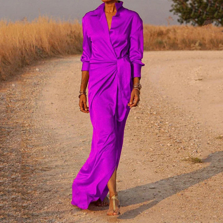 Women's chiffon maxi dress with wrap look and long sleeves
