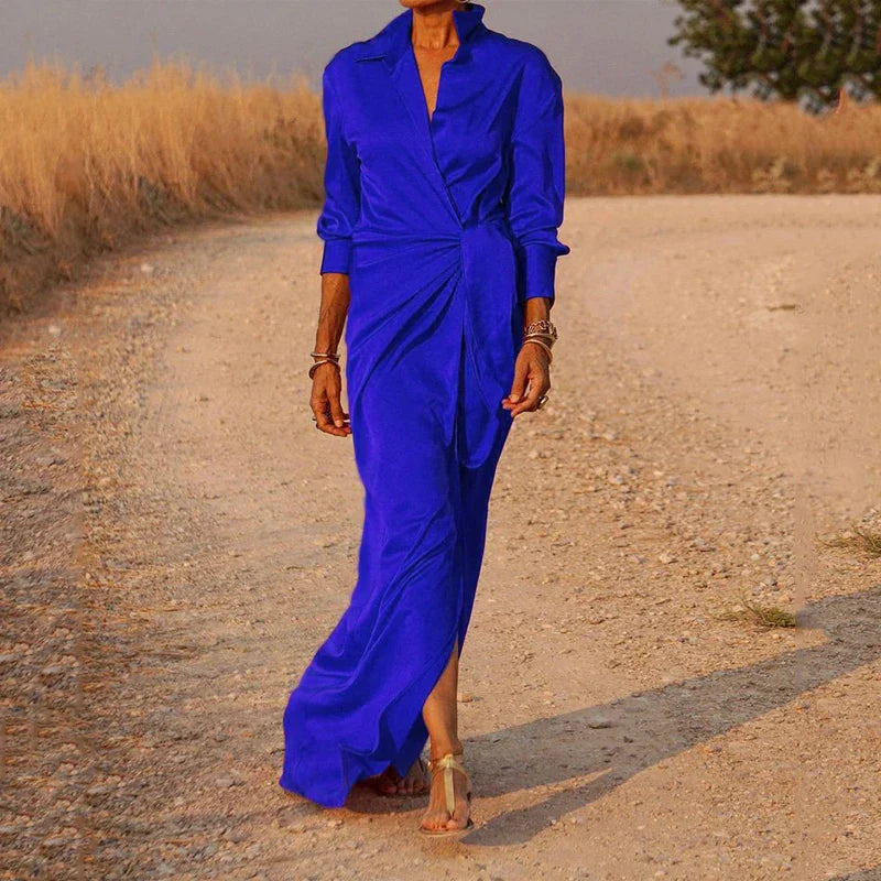 Women's chiffon maxi dress with wrap look and long sleeves
