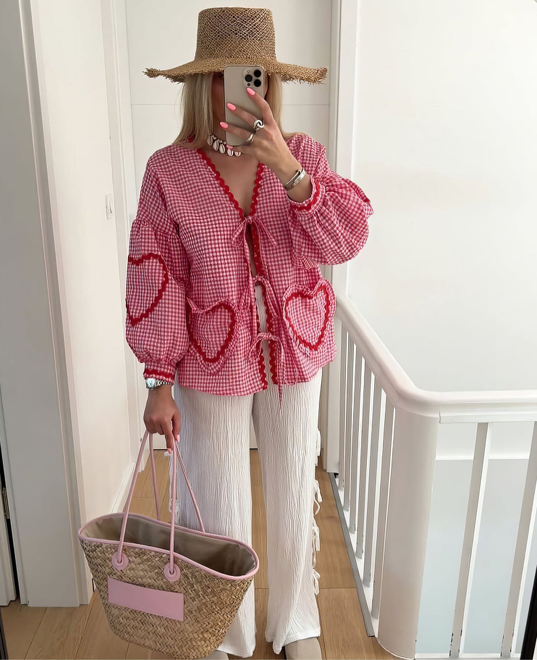 Women's Gingham Blouse – Loose Fit with Ruffles & Bow