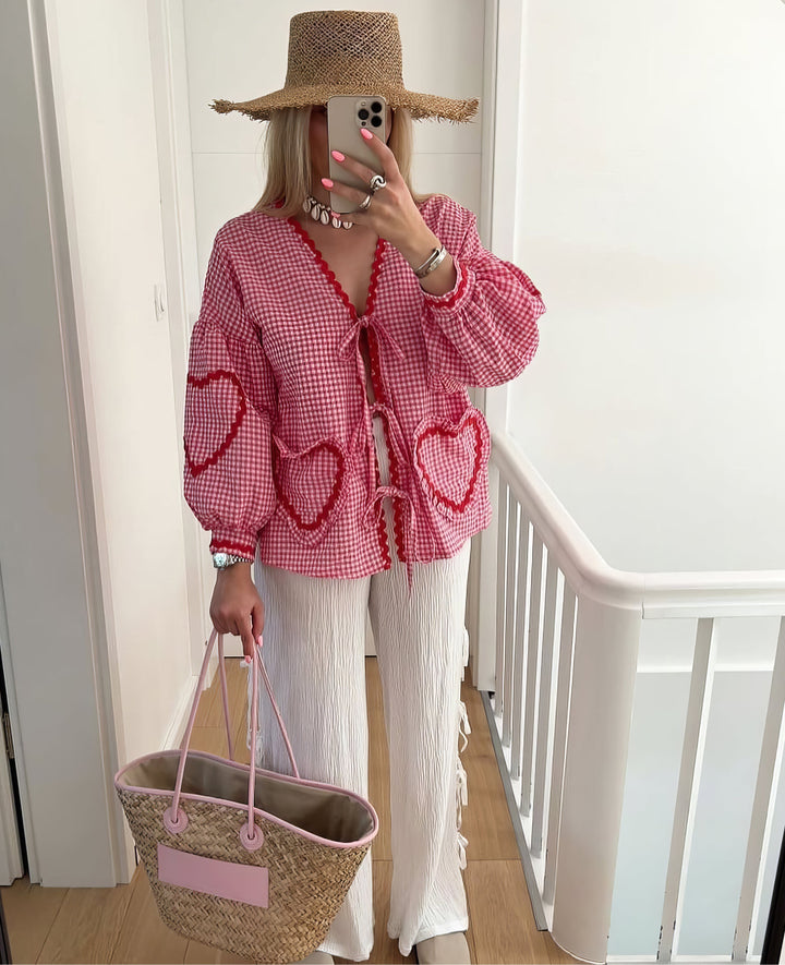 Women's Gingham Blouse – Loose Fit with Ruffles & Bow