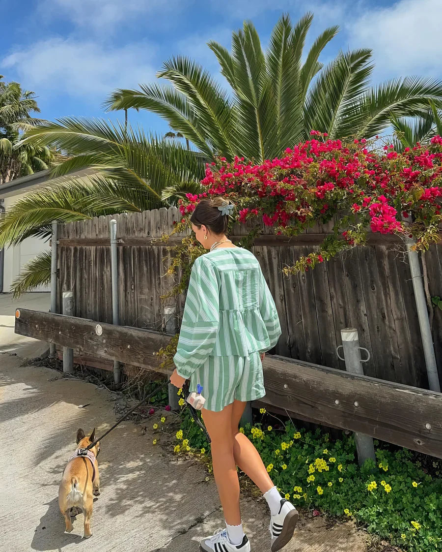 Women's Summer Two-Piece – Striped Blouse & Shorts – Casual Cut