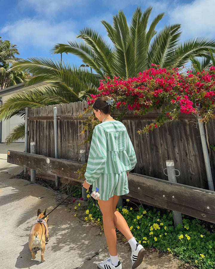 Women's Summer Two-Piece – Striped Blouse & Shorts – Casual Cut