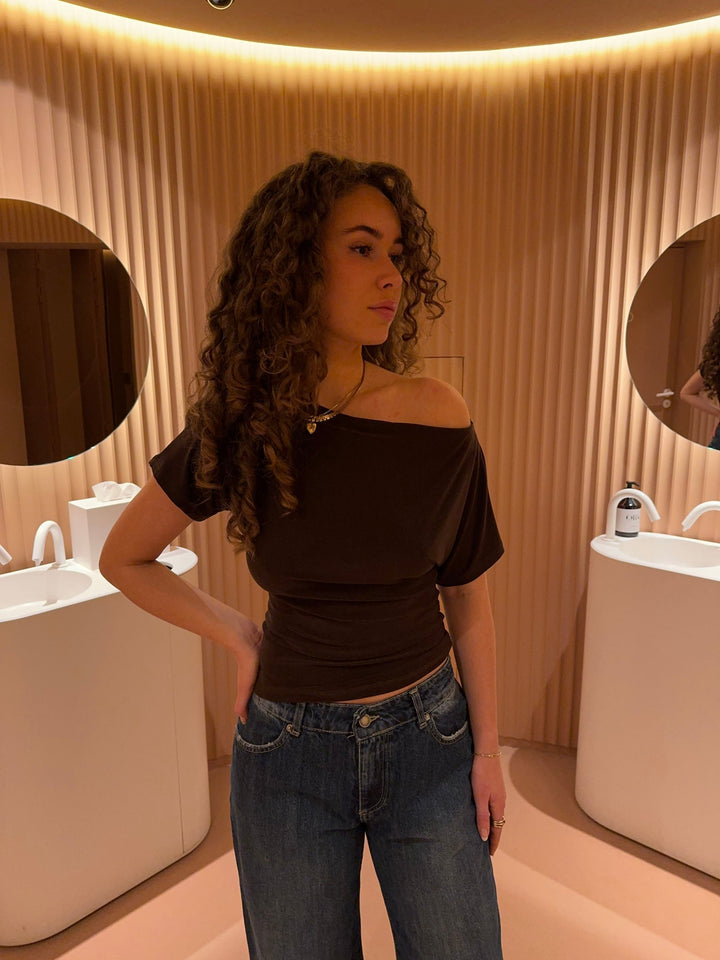 Women's Off-Shoulder Top Stretch Mesh Long Sleeve