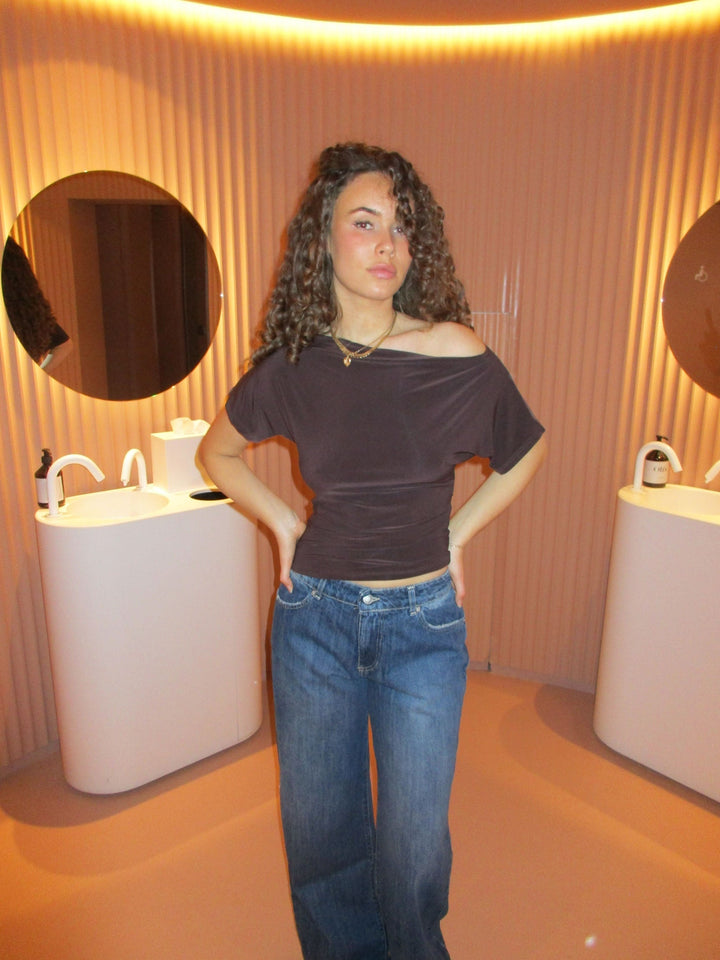 Women's Off-Shoulder Top Stretch Mesh Long Sleeve