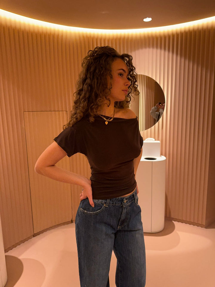 Women's Off-Shoulder Top Stretch Mesh Long Sleeve