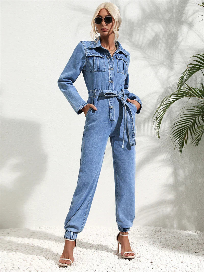 Premium women's denim jumpsuit – sleeveless one-piece overall
