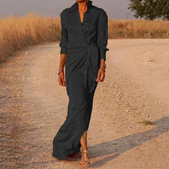 Women's chiffon maxi dress with wrap look and long sleeves