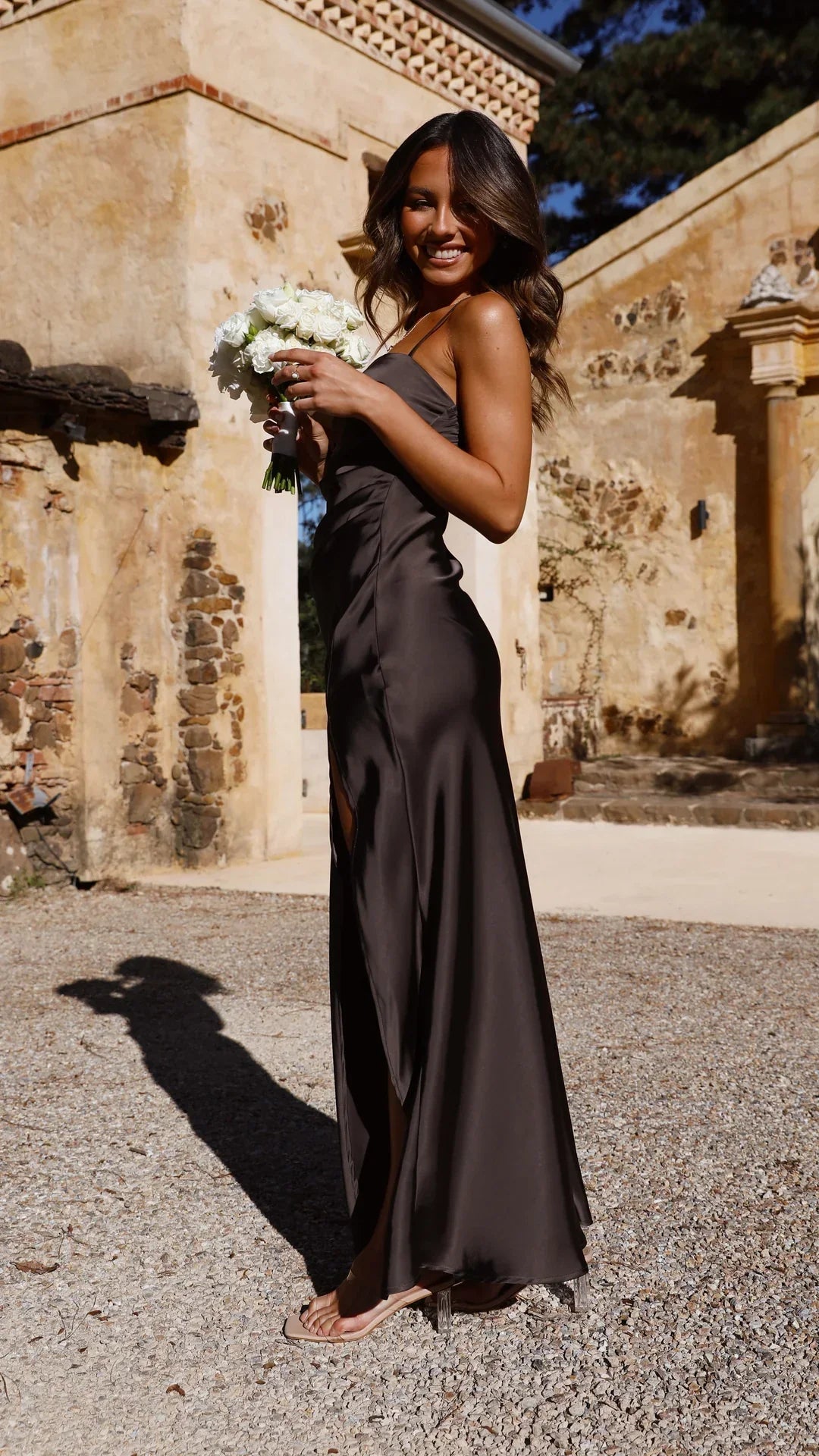 Women's satin dress – sleeveless with cowl neckline & slit – elegant evening dress
