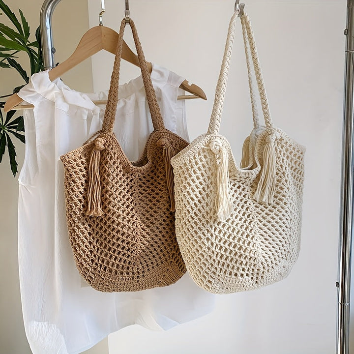 Sac au crochet fait main – Grande sac de plage boho avec pompon