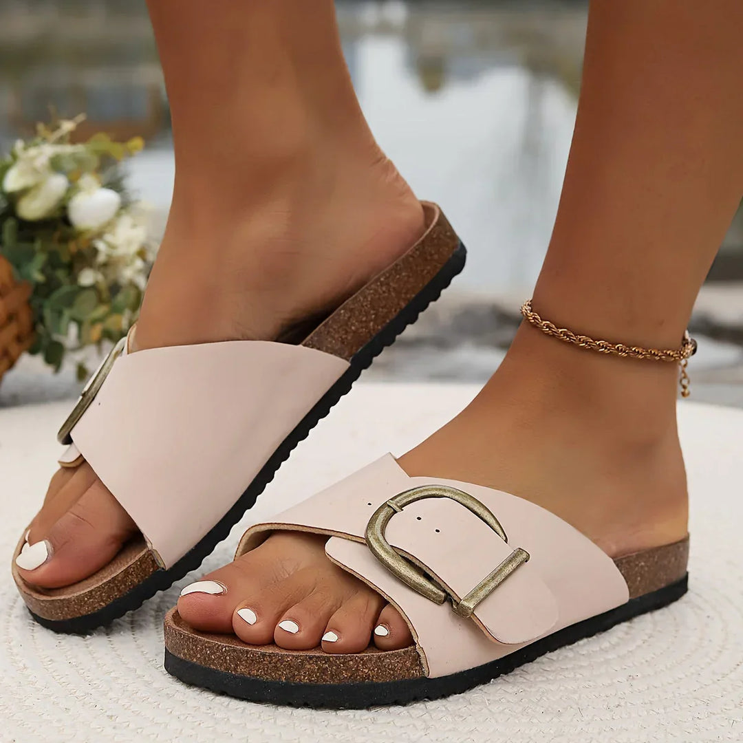 Sandales d'été stylées – Cuir végan, sandale d'été plate pour femmes