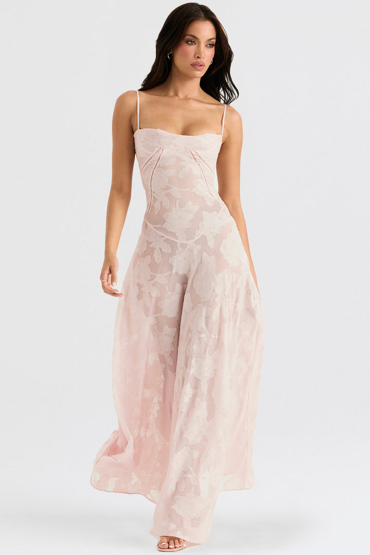 Elegant maxi dress with 3D roses & back cutout