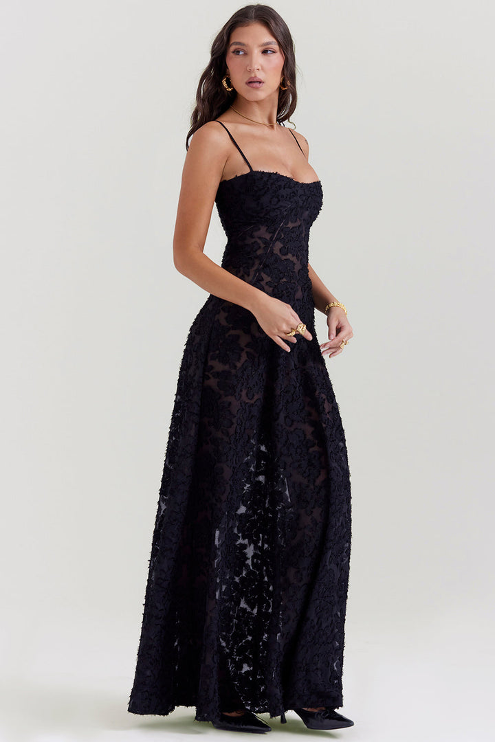Elegant maxi dress with 3D roses & back cutout