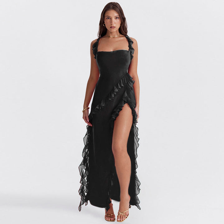 Elegant one-shoulder evening dress with ruffles and high slit