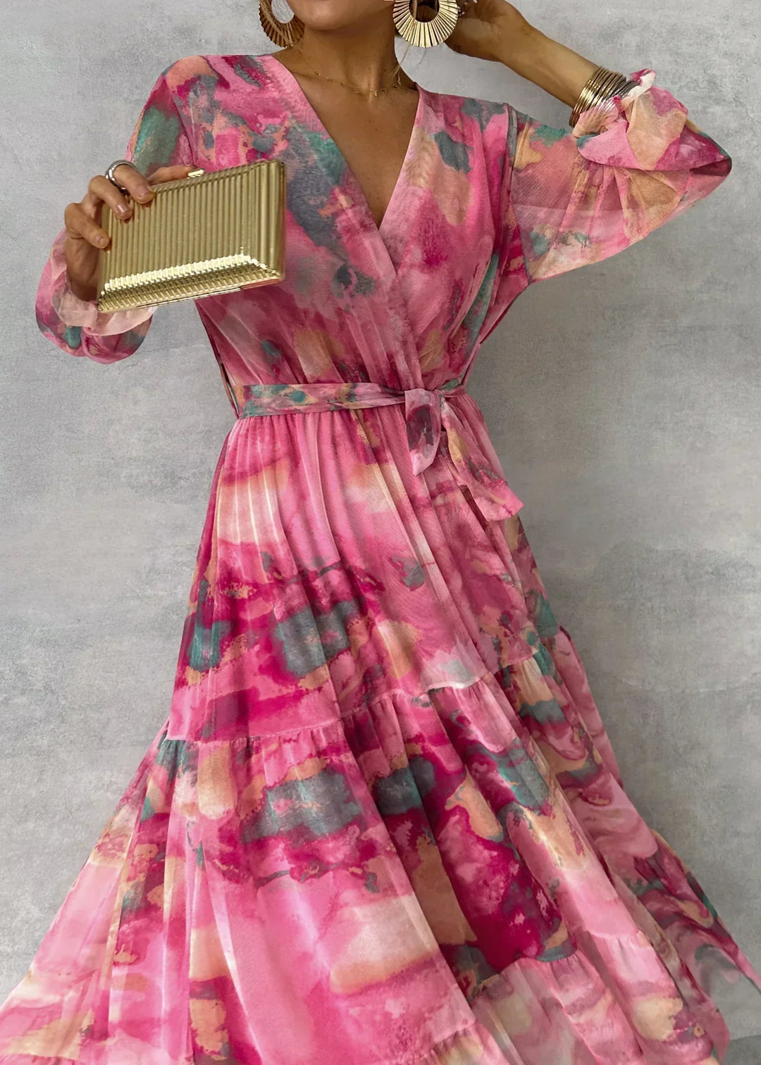 Women's maxi wrap dress with floral pattern, V-neck, long sleeve