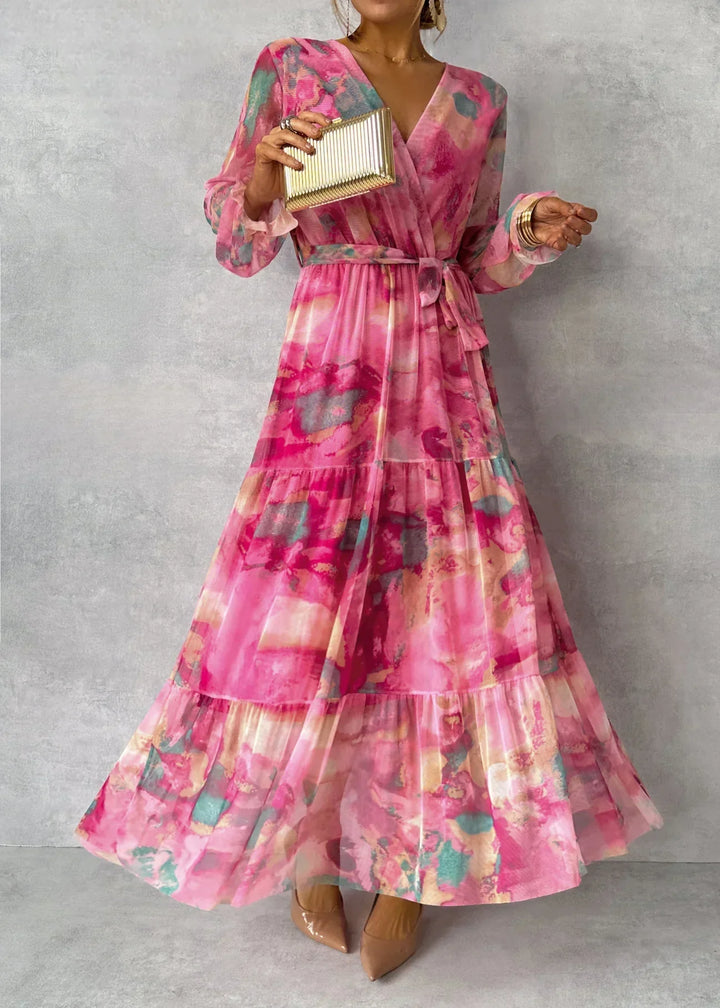 Women's maxi wrap dress with floral pattern, V-neck, long sleeve