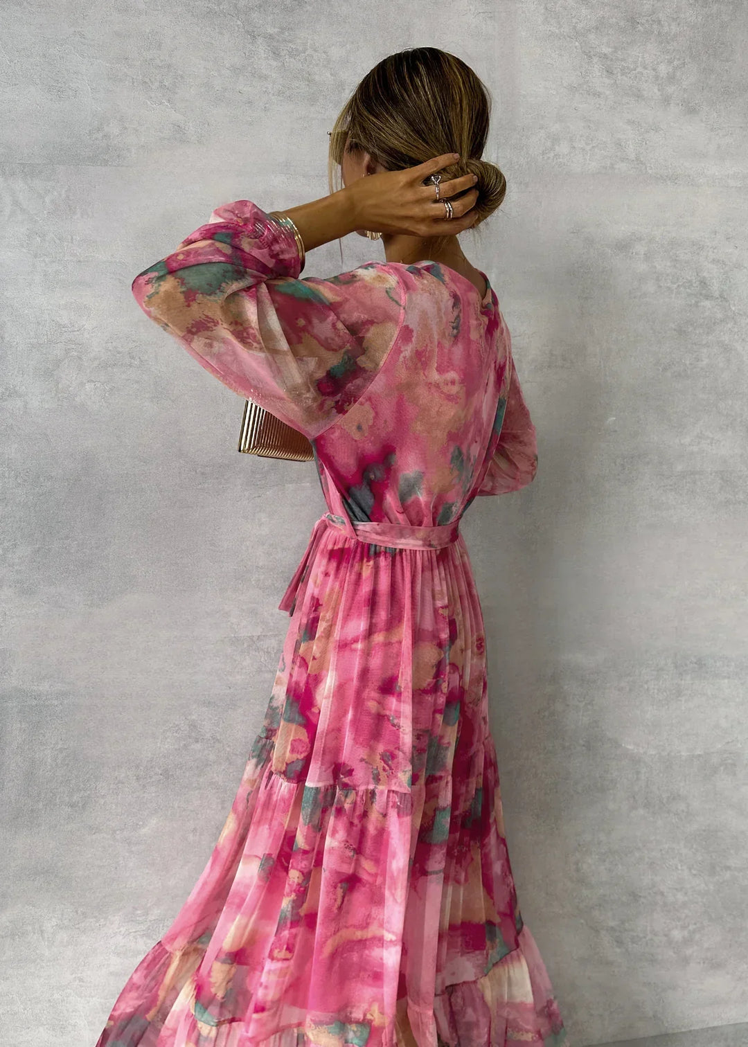 Women's maxi wrap dress with floral pattern, V-neck, long sleeve