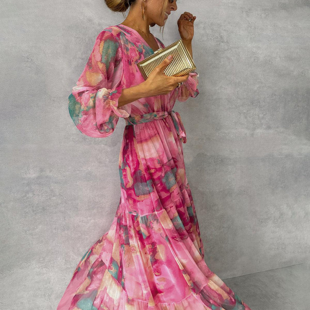 Women's maxi wrap dress with floral pattern, V-neck, long sleeve