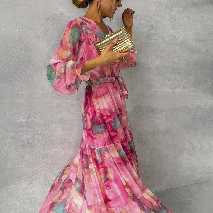 Women's maxi wrap dress with floral pattern, V-neck, long sleeve