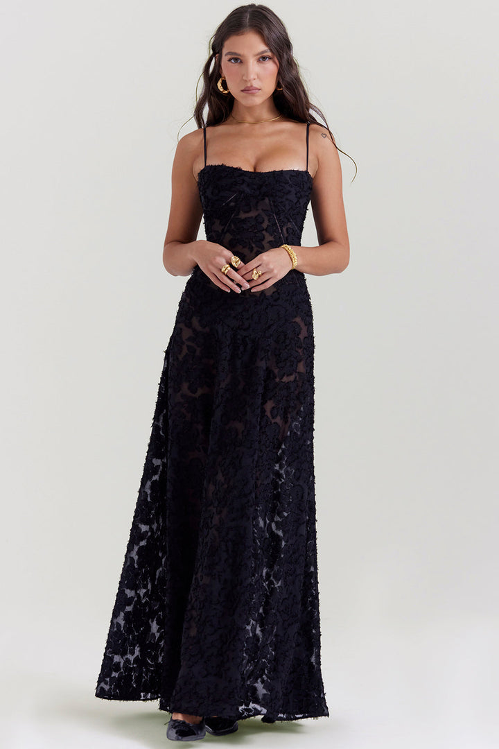 Elegant maxi dress with 3D roses & back cutout