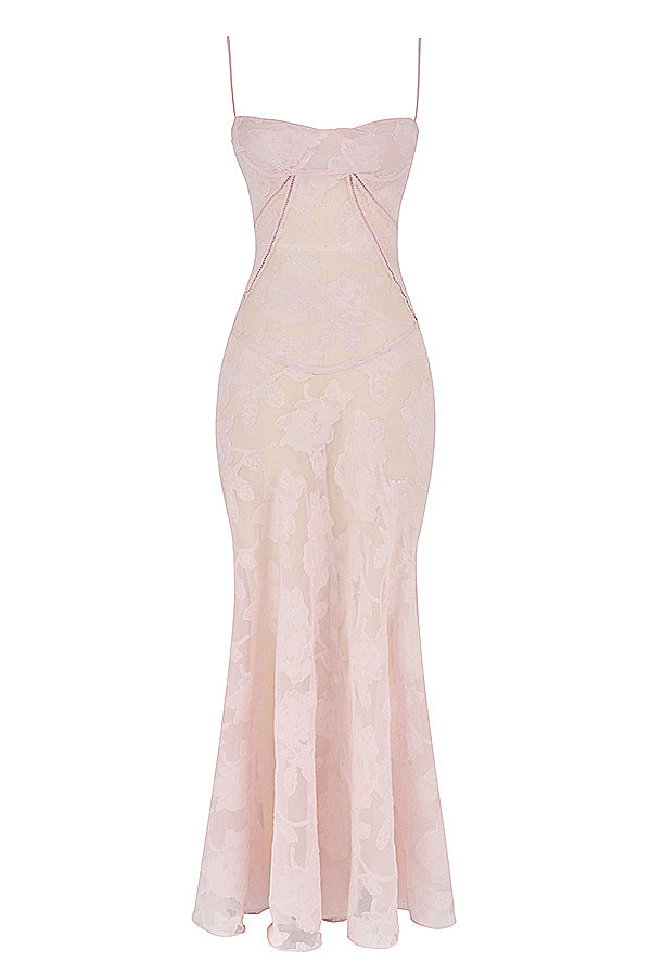 Elegant maxi dress with 3D roses & back cutout