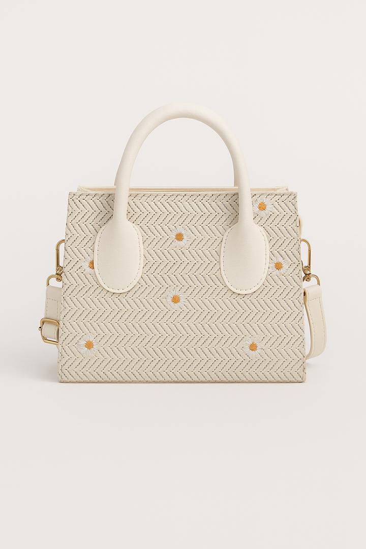 Strohtasche fur Damen – Geflochtene Handtasche mit Blumenakzenten
