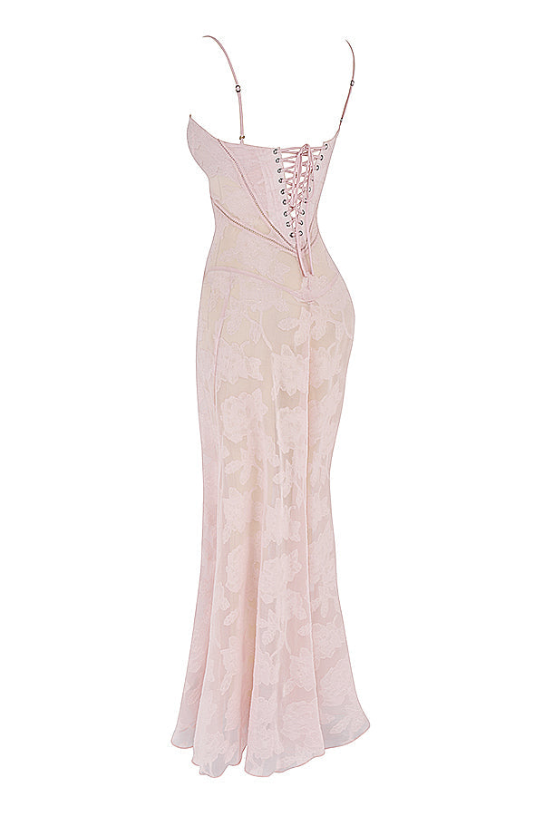 Elegant maxi dress with 3D roses & back cutout