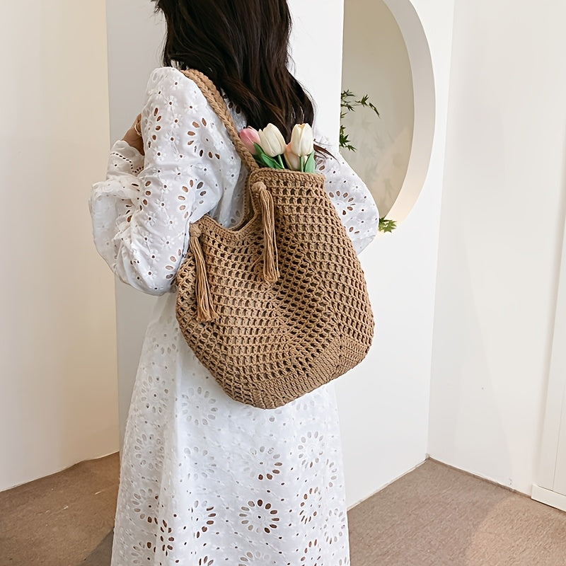 Sac au crochet fait main – Grande sac de plage boho avec pompon