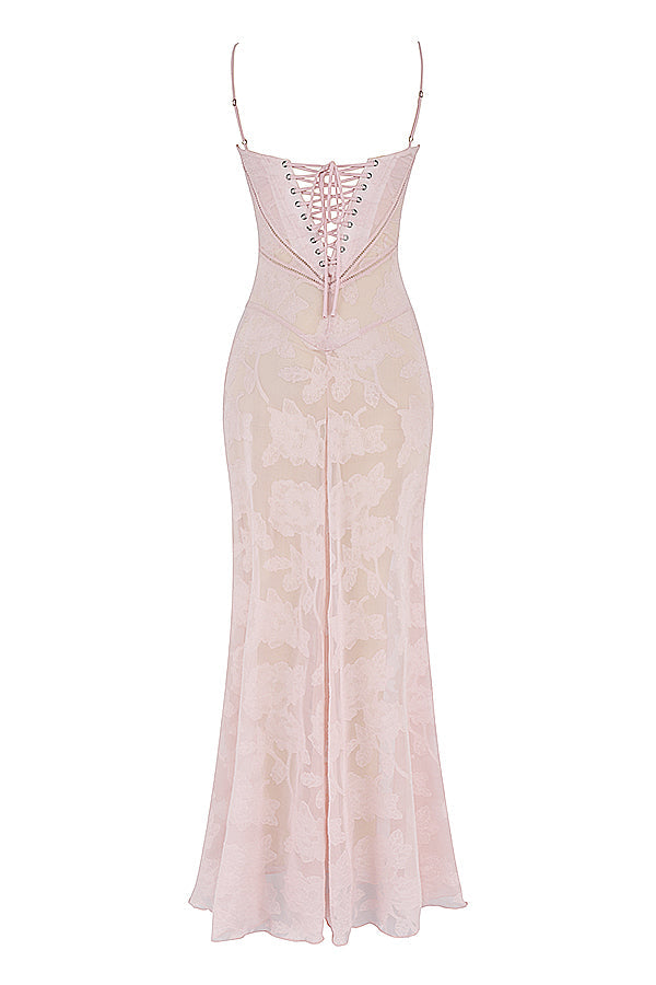 Elegant maxi dress with 3D roses & back cutout