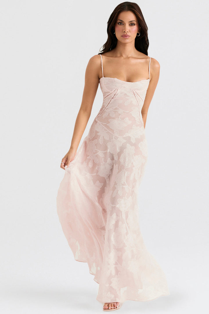 Elegant maxi dress with 3D roses & back cutout