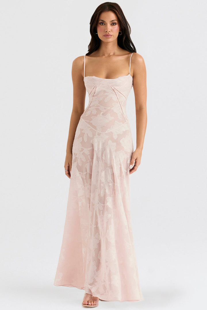 Elegant maxi dress with 3D roses & back cutout