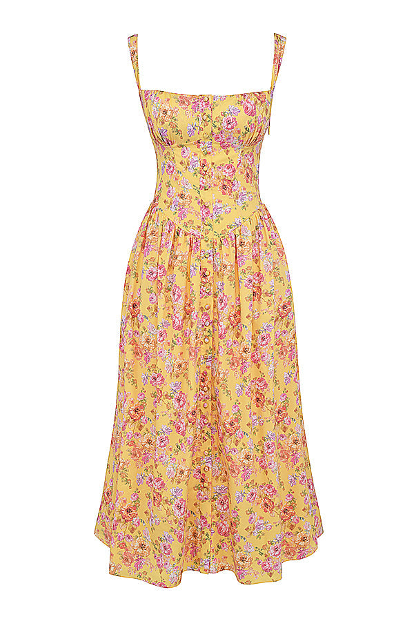 Women's midi dress made of viscose with floral pattern and V-neckline